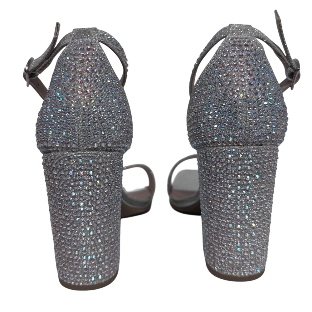 Sparkling Rhinestone Block Heels Silver Ankle Strap Square Toe Sandals 7 Prom - Picture 8 of 14